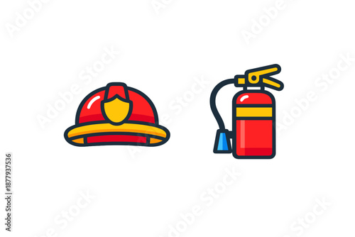 Firefighter helmet and fire extinguisher icon set