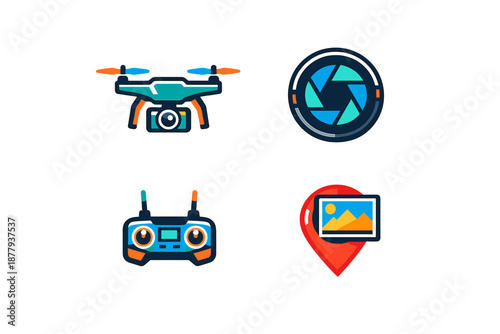 Drone, camera, remote and photo location icons with neon glow