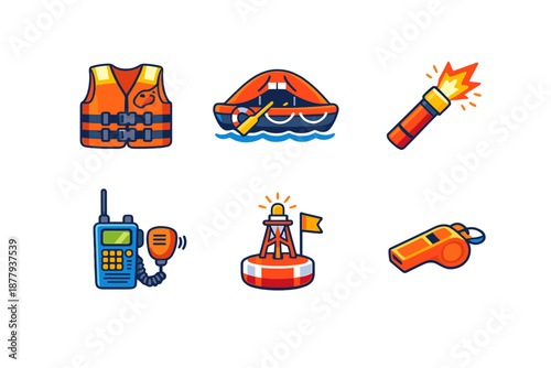 Maritime safety equipment icons on a dark background