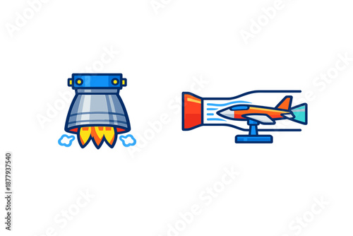 Rocket engine and airplane in wind tunnel with blue glow