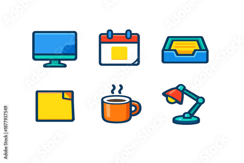 Collection of office-related icons on a dark background