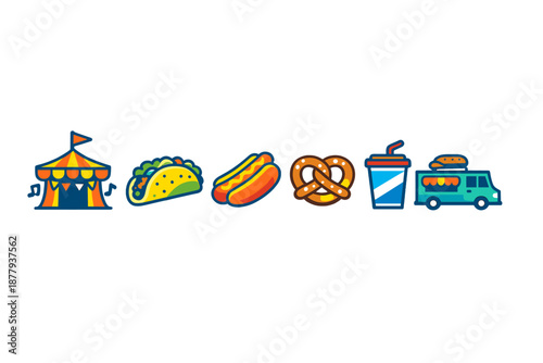 Collection of stylized carnival food and drink icons