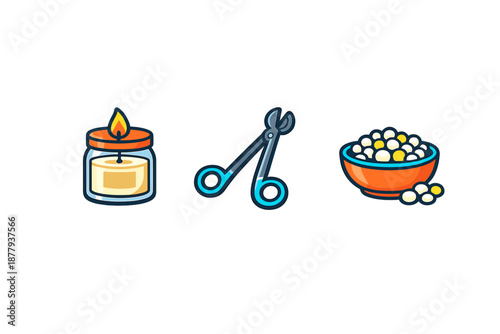 Candle, scissors, and bowl of tapioca pearls icons