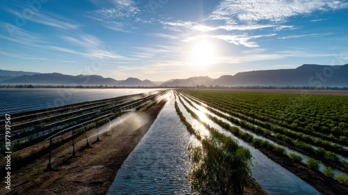 Solar panels for irrigation systems in farmer's fields in countryside, in a large agricultural field. The concept of an alternative energy source, energy saving, careful attitude to our planet Earth.