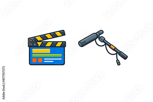 Clapperboard and shotgun microphone isolated on gray background