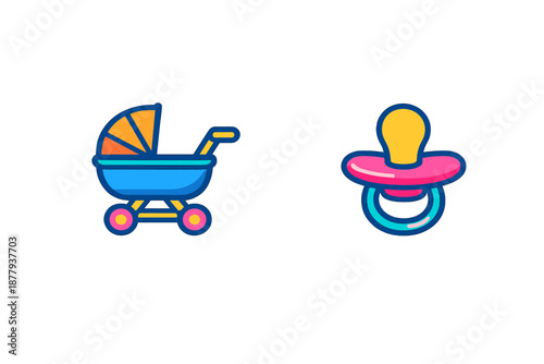Baby stroller and pacifier icons with neon glow