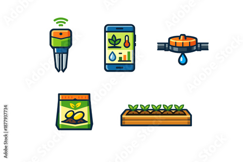 Smart farming technology icons: sensor, app, irrigation, seeds