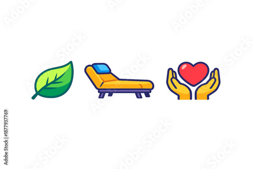 Icons for wellness: leaf, chaise lounge, and heart in hands