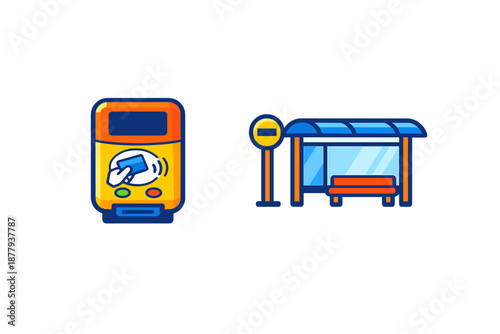 Bus stop and ticket machine icon set, vector illustration