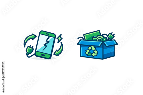 Recycling electronics, broken phone and e-waste in a box