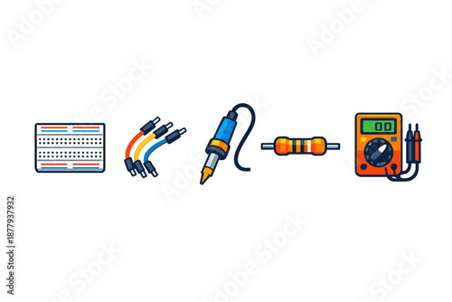 Electronics Components and Tools: Breadboard, Wires, Soldering Iron