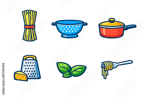 Italian food ingredients and cooking tools icons