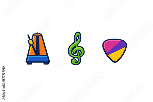 Music icons: metronome, treble clef, guitar pick