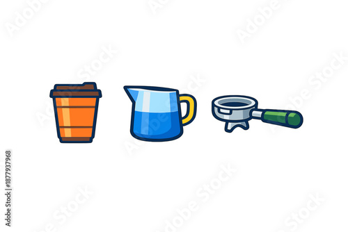 Coffee preparation icons: cup, pitcher, and portafilter