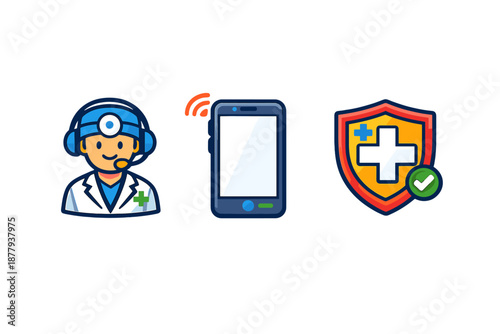 Doctor, phone and shield icons, representing telemedicine and health