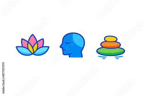 Lotus, meditation, and stacked stones icons with glowing effect