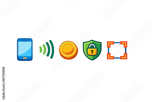 Mobile payment icons: phone, signal, coin, lock, and scan