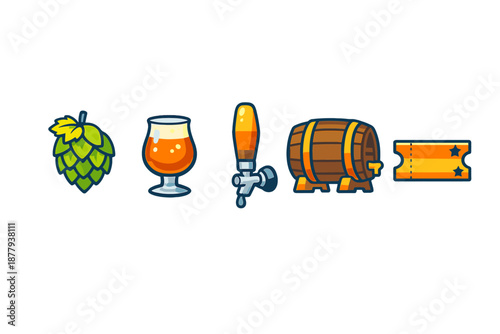 Beer icons: hop, glass, tap, barrel, ticket