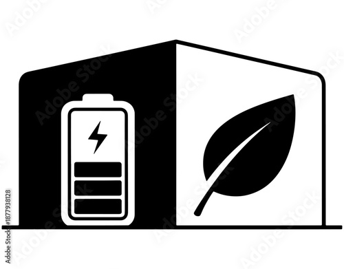 Eco-Friendly Battery Storage for Smart Home. Minimalist Vector Illustration of Energy Battery with Leaf in Building for Sustainable Power, Renewable Energy, and Ecology Concept.