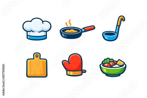 Cooking icons: chef hat, frying pan, ladle, cutting board, oven mitt