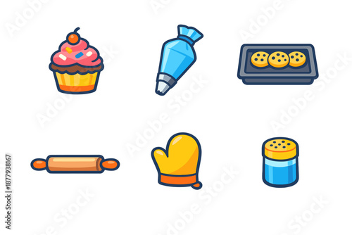 Baking icons: cupcake, piping bag, cookies, rolling pin, oven mitt