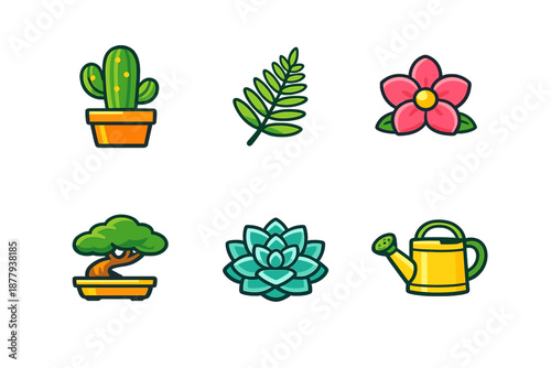 Set of six gardening and plant icons with glowing effect