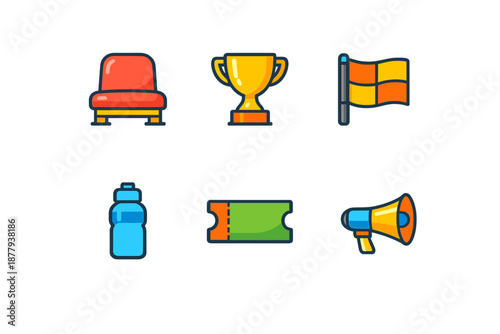 Sports icons: trophy, seat, flag, water bottle, ticket, megaphone