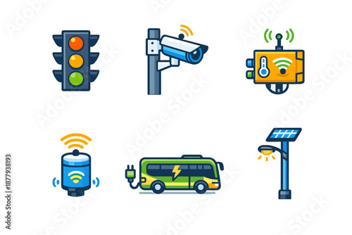 Smart city icons: traffic light, camera, sensor, battery, bus, lamp