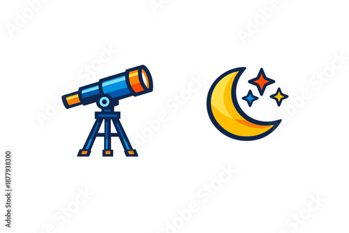 Telescope and crescent moon with stars icon set