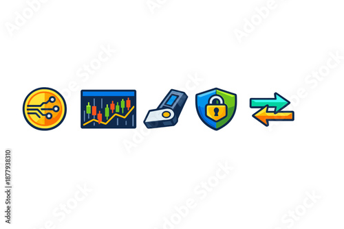 Set of financial technology icons on a dark background