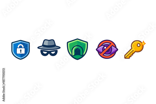 Cybersecurity icons: lock, hacker, shield, eye, key