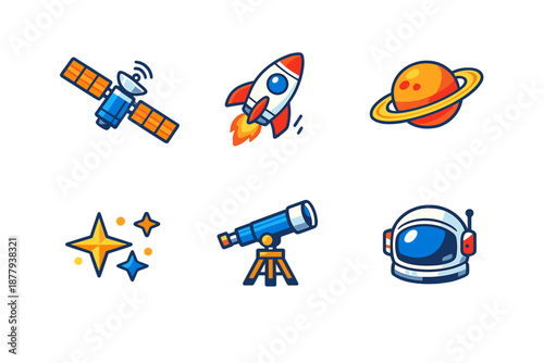 Space icons: satellite, rocket, planet, stars, telescope, astronaut
