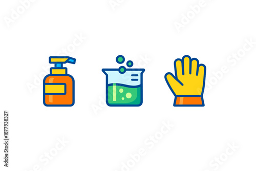 Hygiene and safety icons: soap dispenser, beaker, and glove