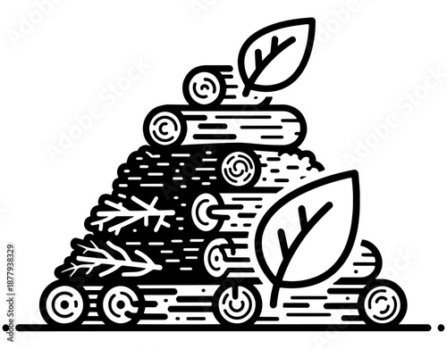 Biomass Energy and Wood Fuel Icon. Minimalist Vector Illustration of Stacked Logs with Leaves for Renewable Bioenergy, Sustainable Forestry, and Ecology Concept Design.