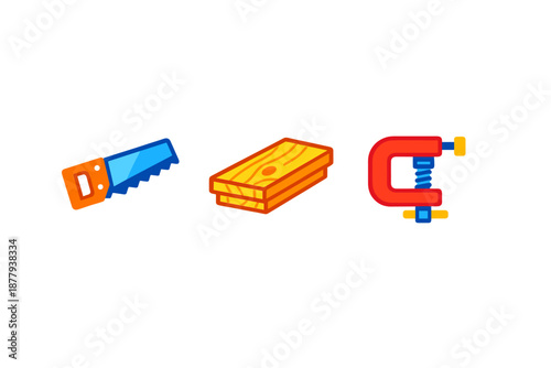 Set of carpentry tools: saw, wood plank, and clamp