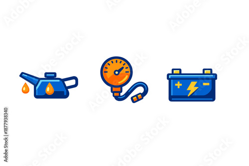 Car maintenance icons: oil can, tire pressure gauge, and battery