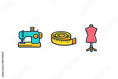 Sewing icons: sewing machine, tape measure, and mannequin
