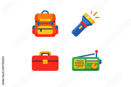 Emergency preparedness kit items glowing on dark background