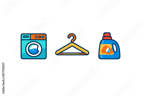Laundry icons: washing machine, hanger, and detergent