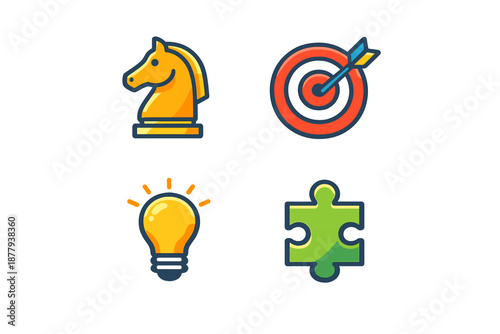 Business strategy icons: chess knight, target, lightbulb, puzzle