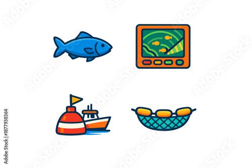 Fishing icons: fish, radar, boat and net