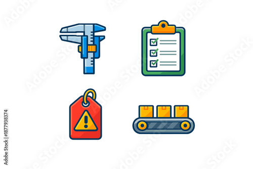 Industrial Icons: Caliper, Checklist, Tag, and Conveyor Belt
