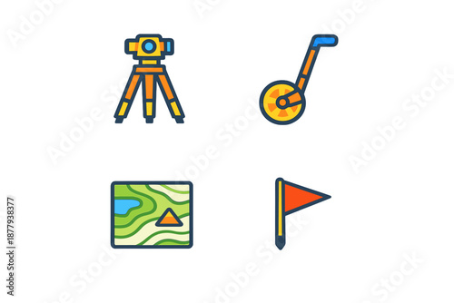 Surveying equipment icons: level, measuring wheel, map and flag