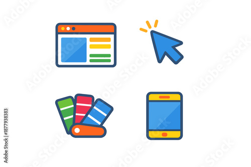 Web design icons: browser, cursor, color palette, smartphone