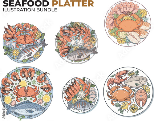 Seafood vector ilustration set. Cartoon  food on the plate,  for restaurant menu or market logo. fish, crab,lemon, vegetable 