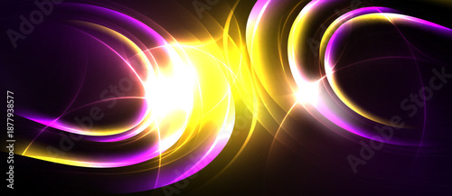 Bright abstract design features flowing curves, vibrant yellow, purple hues. Light radiates from central point, creating dynamic effect.