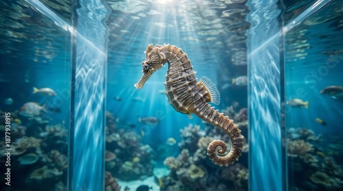 Luminous Seahorse in Vibrant Oceanarium Display