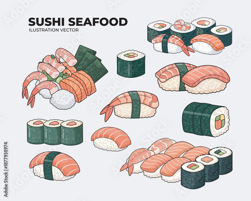 flat ilustration and cartoon sushi bundle seafood for graphic design and restaurant or cafe menu