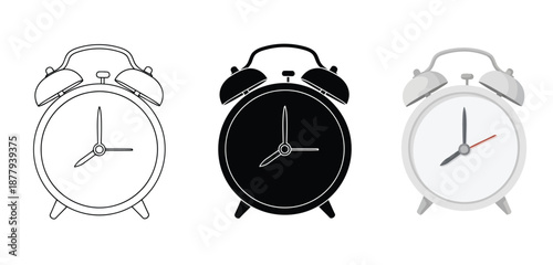 Alarm Clocks  Vector Set in Three Styles — Line Art, Silhouette and Color Version for Islamic Design, App UI, Posters and Branding