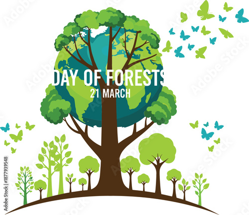 Detailed Day of Forests vector illustration featuring a globe-tree canopy, diverse forest saplings, and flying butterflies for conservation.
